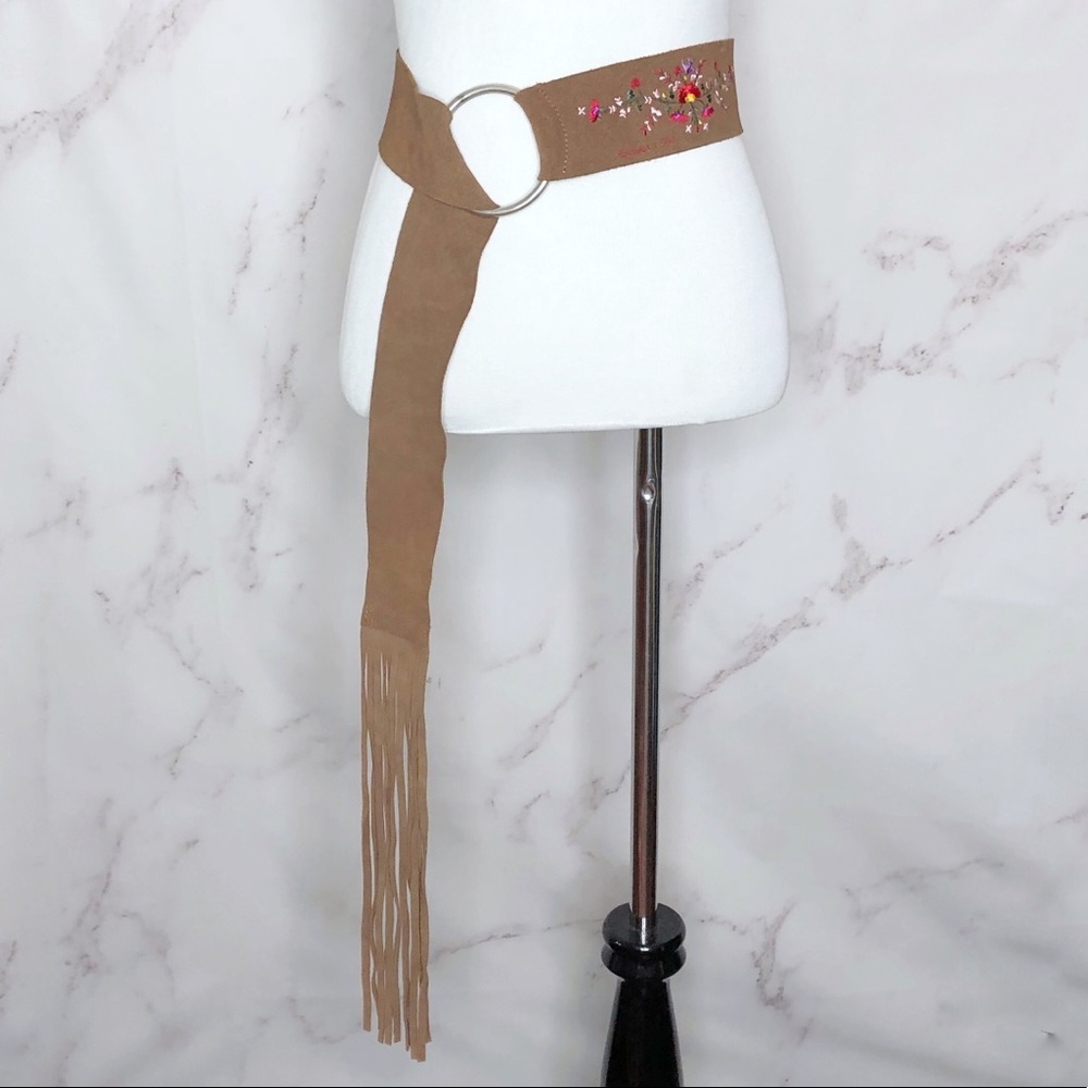 A&F Brown Suede Floral Embroidered Fringe Belt